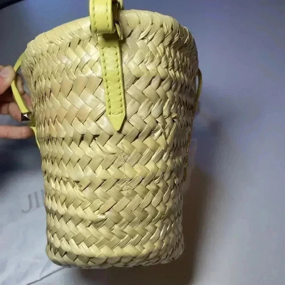 Jimmy Choo Macy Basketweave Tote Raffia Bag Natural Beige Yellow Crossbody Purse - Picture 9 of 16